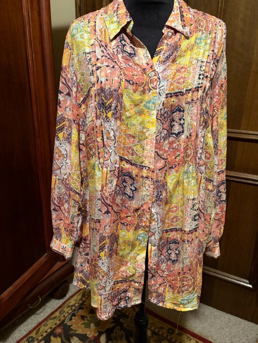 Jane and Delancey Multicolor Printed Button-Front Tunic — Peach, Yellow & Navy